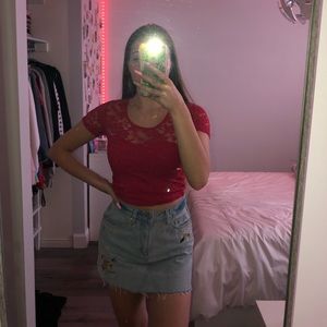 Red lace crop top